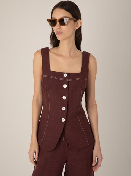 VIVERE Carine Linen Button Top, Brown - view 2, Brown