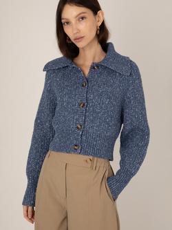 VIVERE Paulette Oversized Puff Sleeve Cardigan, Blue - view 2, Blue