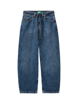 Benetton Barrel Leg Tie Belt Denim Jeans, Blue - view 2, Blue