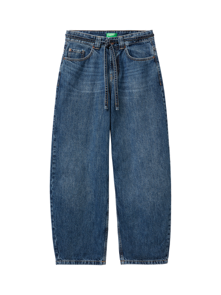 Benetton Barrel Leg Tie Belt Denim Jeans, Blue - view 2, Blue