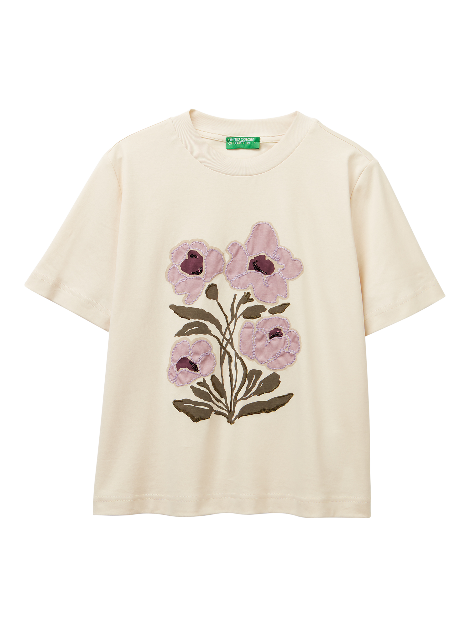 Product image 4 of 6, which shows Benetton Embroidered Floral T-Shirt, Beige, XS