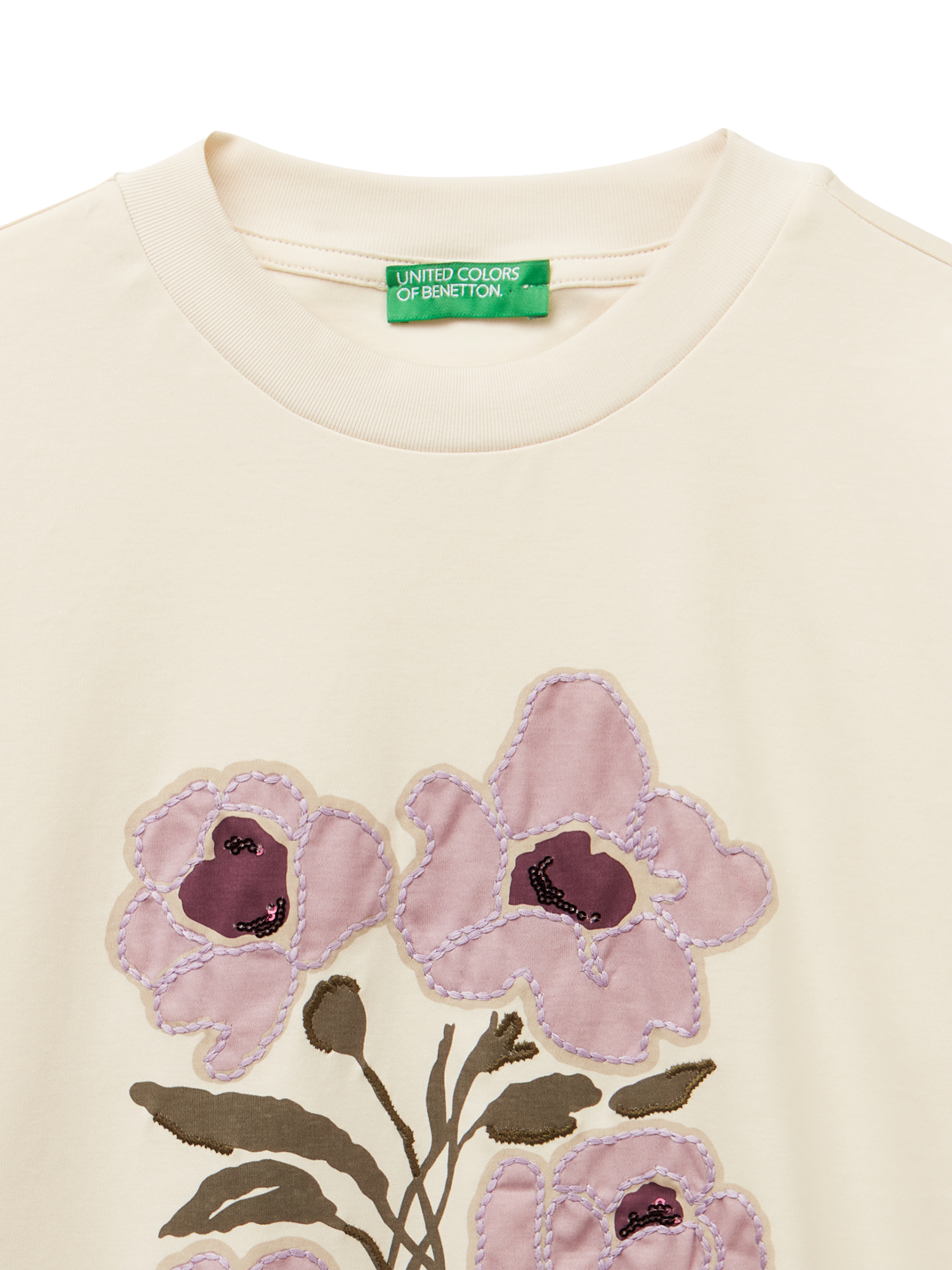 Product image 6 of 6, which shows Benetton Embroidered Floral T-Shirt, Beige, XS