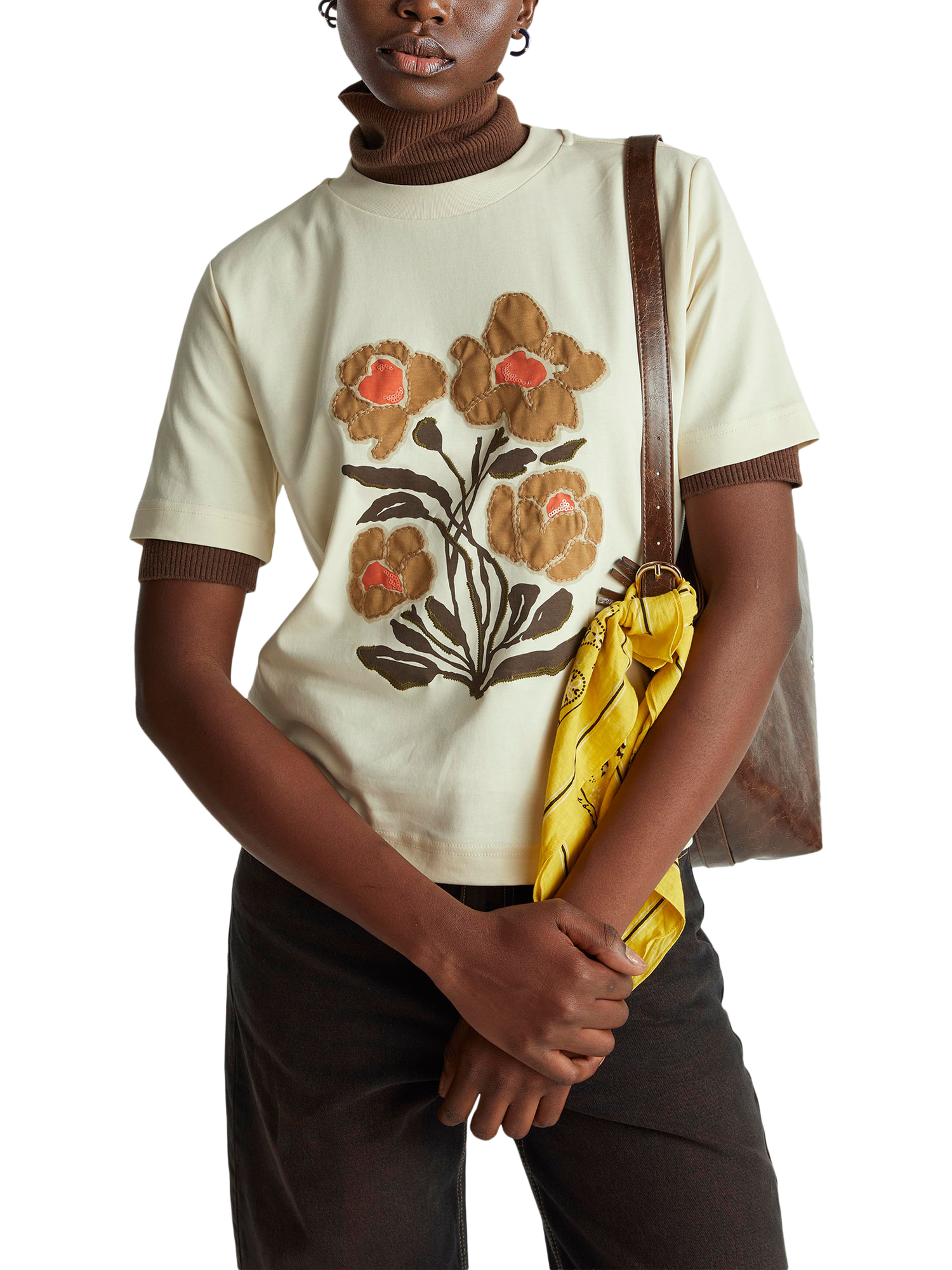 Product image 1 of 6, which shows Benetton Cotton Floral T-Shirt, Beige, M