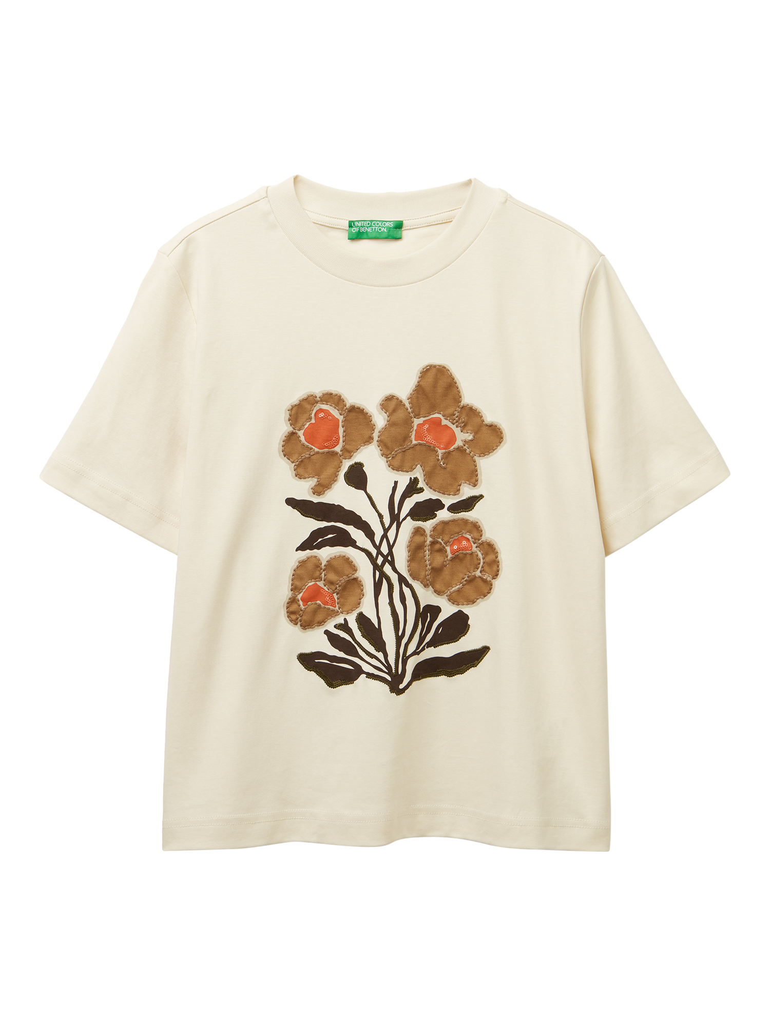 Product image 4 of 6, which shows Benetton Cotton Floral T-Shirt, Beige, M