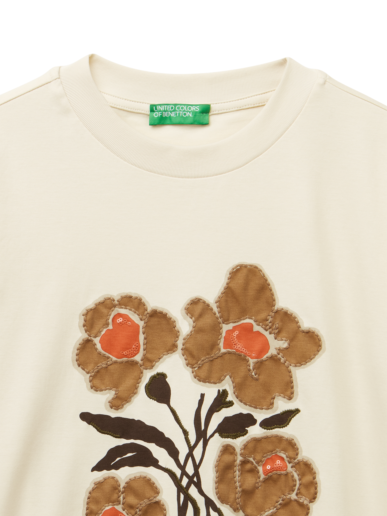 Product image 6 of 6, which shows Benetton Cotton Floral T-Shirt, Beige, M