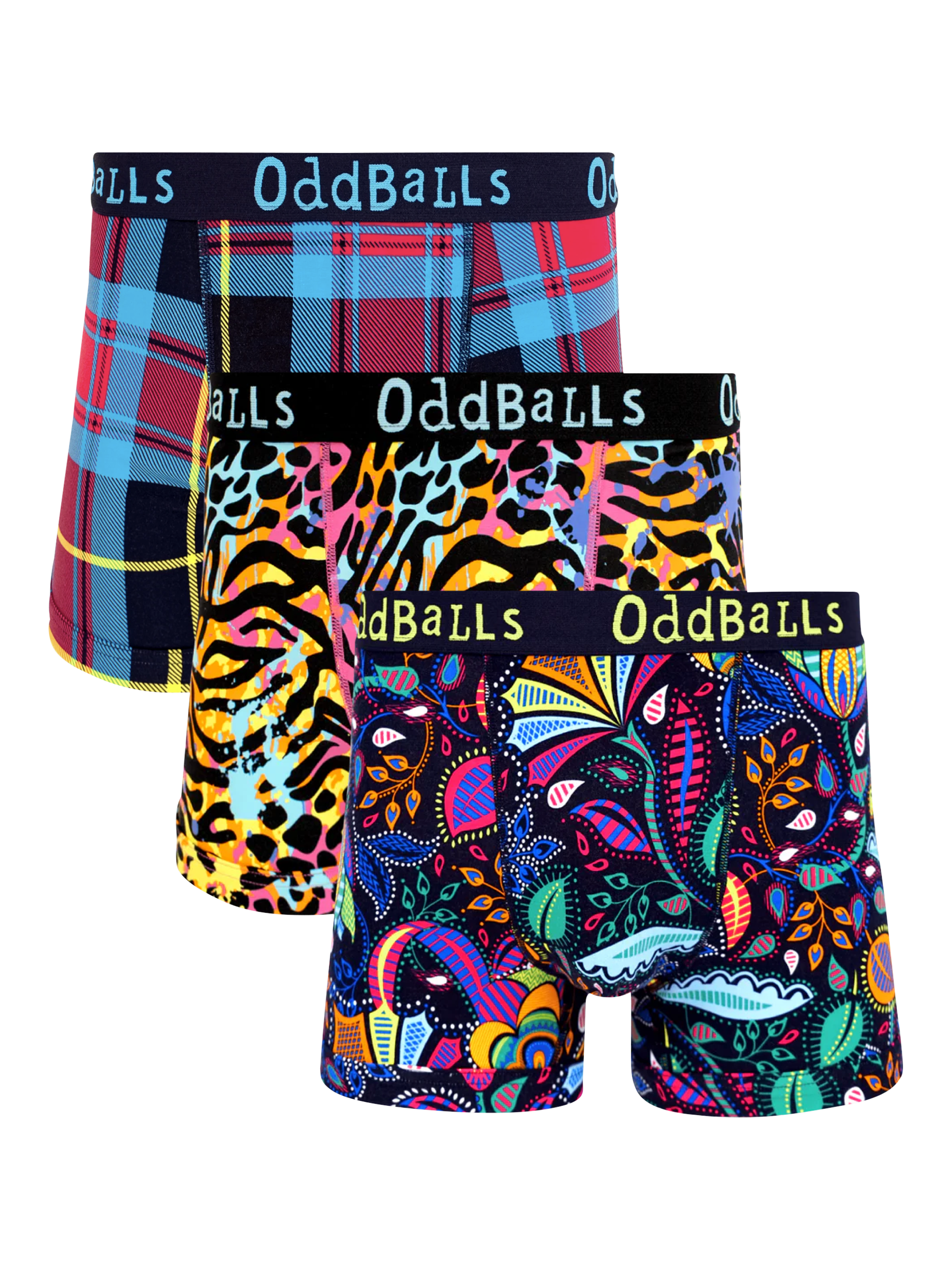 Product image 1 of 5, which shows OddBalls Mixed Cotton Blend Boxers, Pack of 3, Midnight/Magic Garden, XXS
