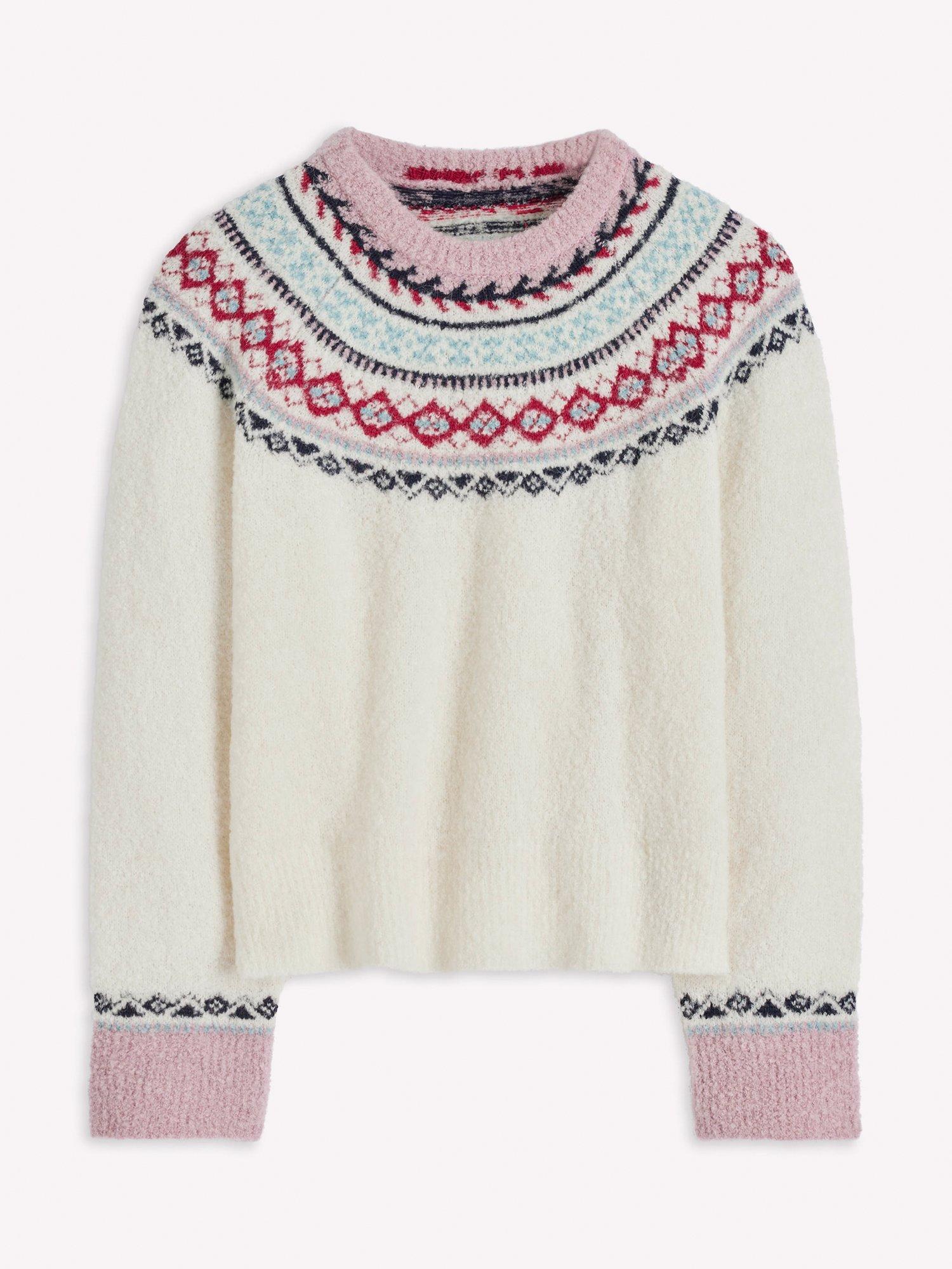 Product image 7 of 7, which shows Boden Wool Blend Boucle Raglan Fair Isle Jumper, Warm Ivory/Multi, XS