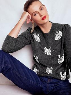 Boden Elizabeth Embellished Swan Jumper, Charcoal, Charcoal