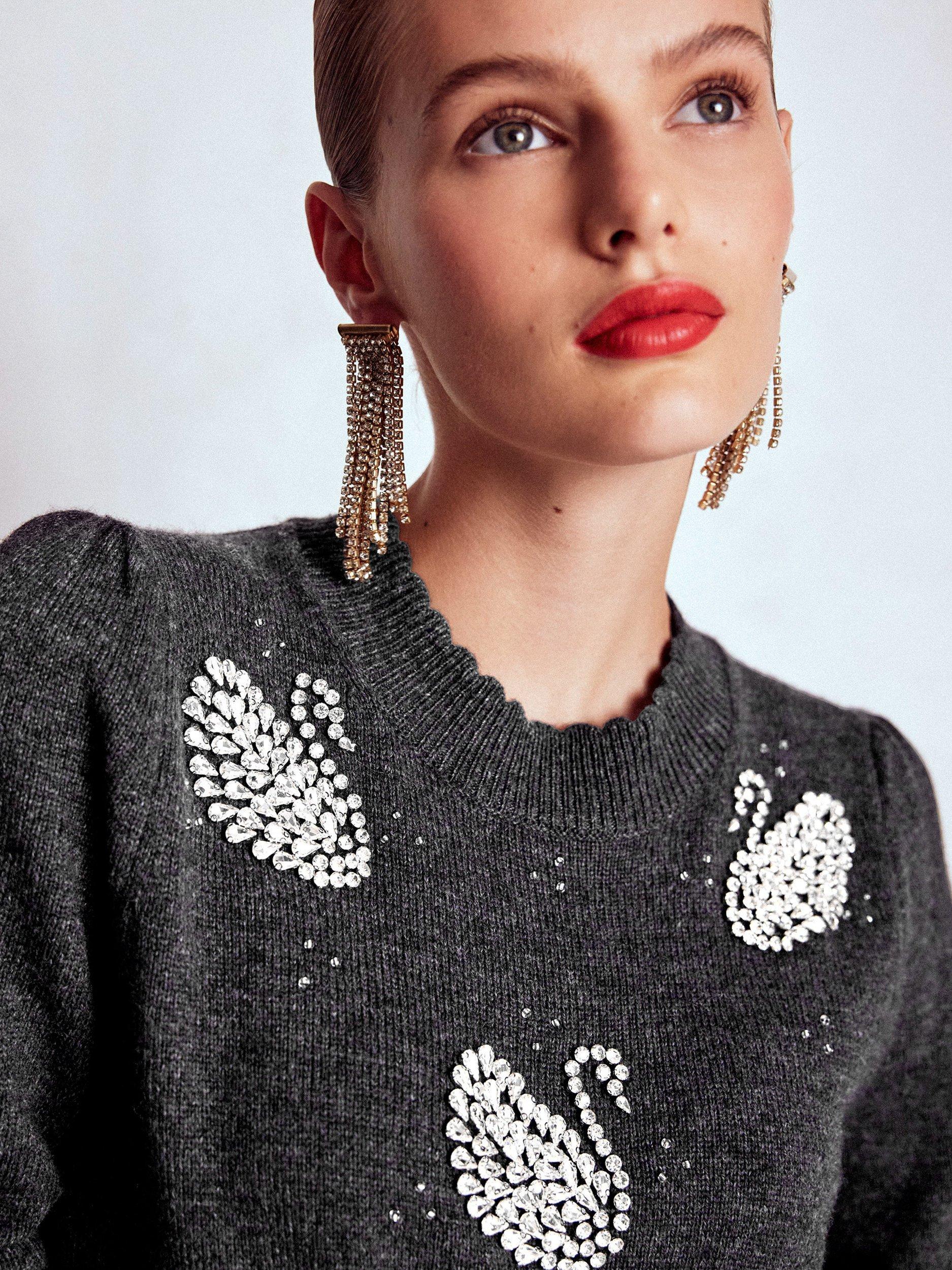 Product image 2 of 7, which shows Boden Elizabeth Embellished Swan Jumper, Charcoal, S