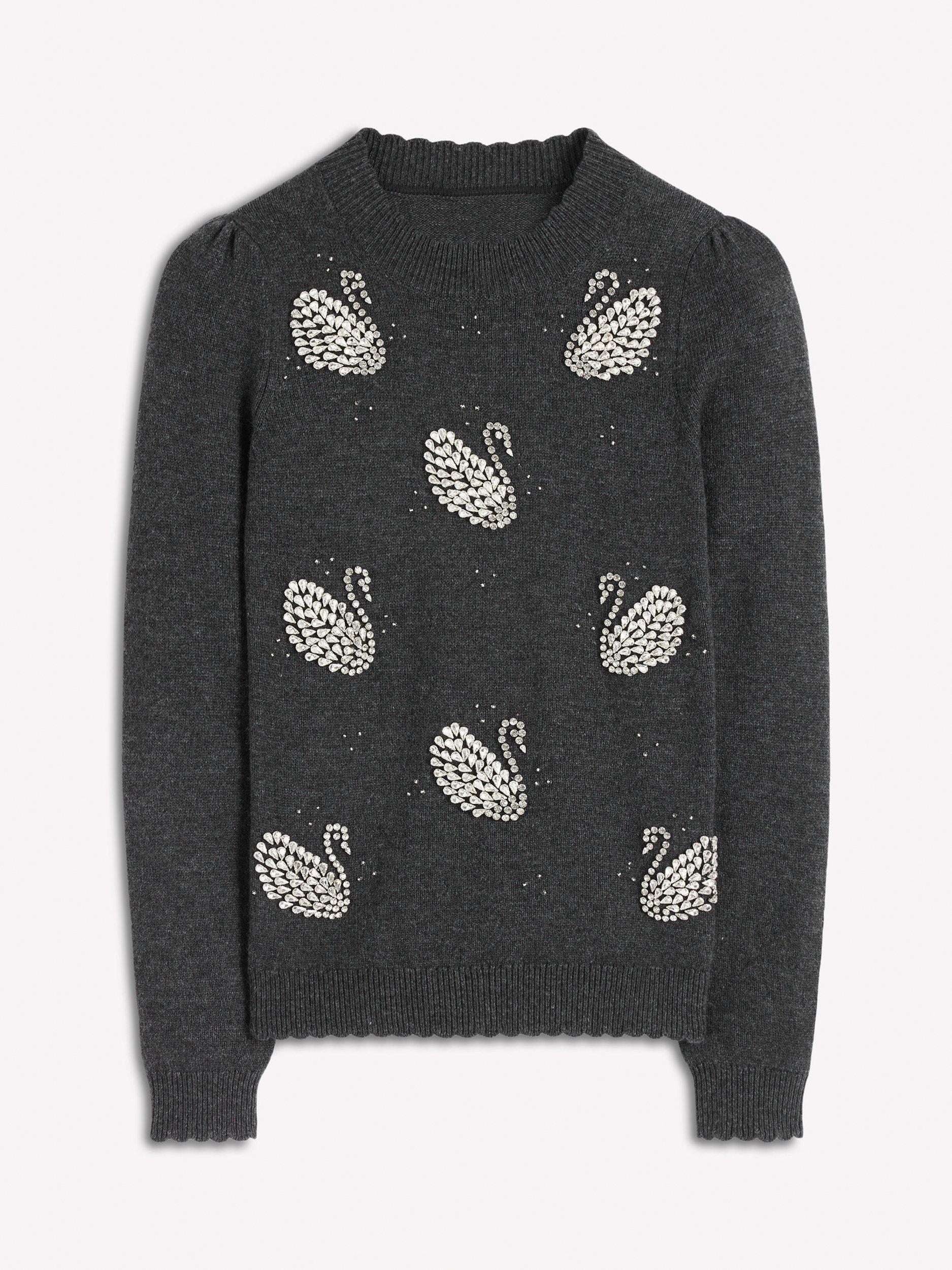 Product image 7 of 7, which shows Boden Elizabeth Embellished Swan Jumper, Charcoal, S