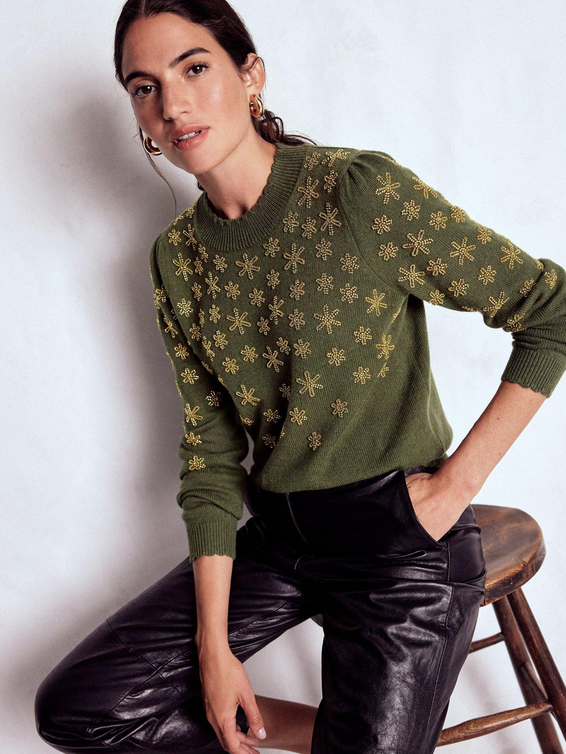 Product image 2 of 7, which shows Boden Elizabeth Embellished Bow Jumper, Kale Leaf, XS
