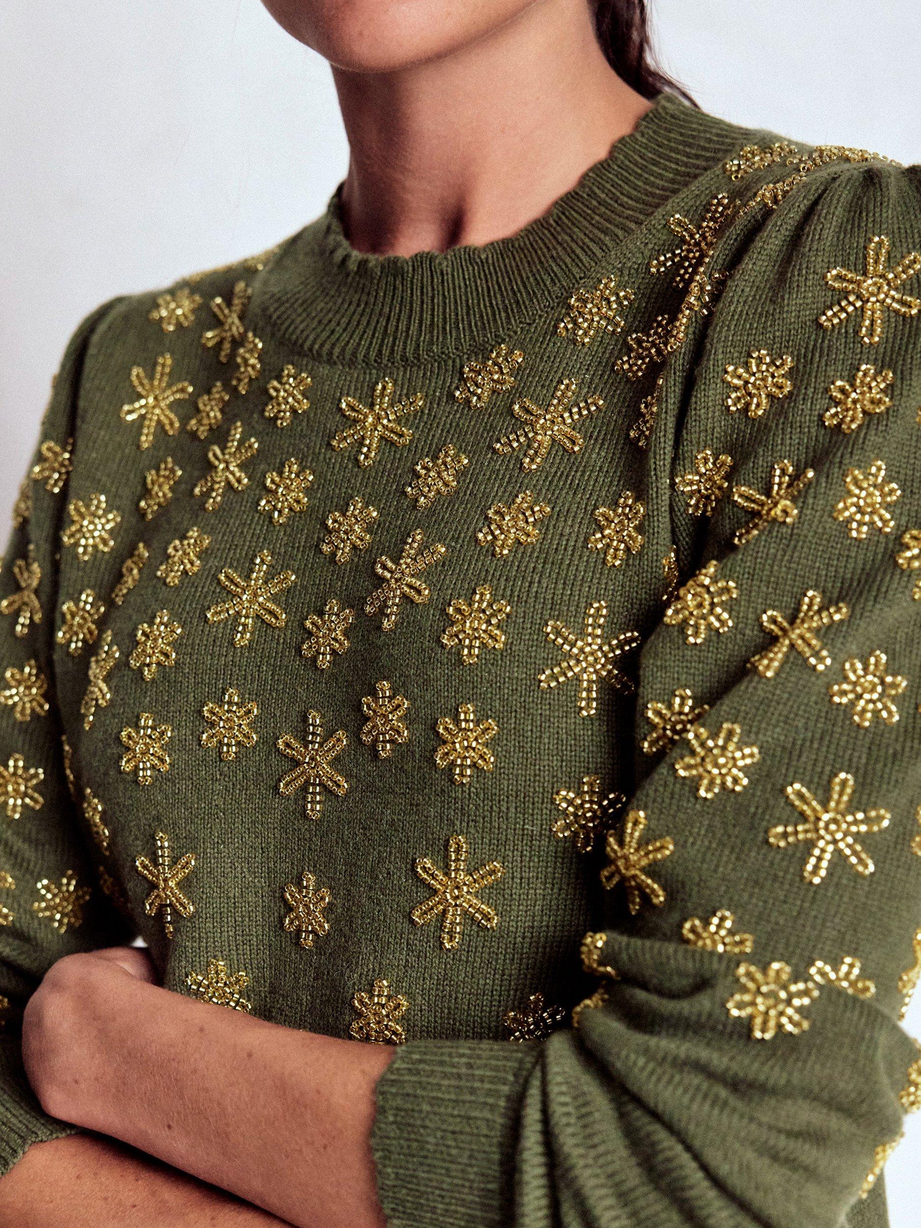 Product image 3 of 7, which shows Boden Elizabeth Embellished Bow Jumper, Kale Leaf, XS