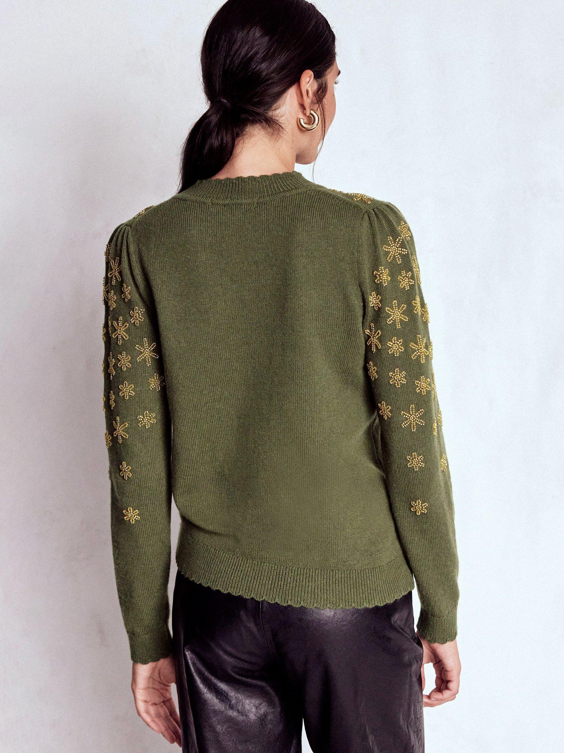 Product image 4 of 7, which shows Boden Elizabeth Embellished Bow Jumper, Kale Leaf, XS