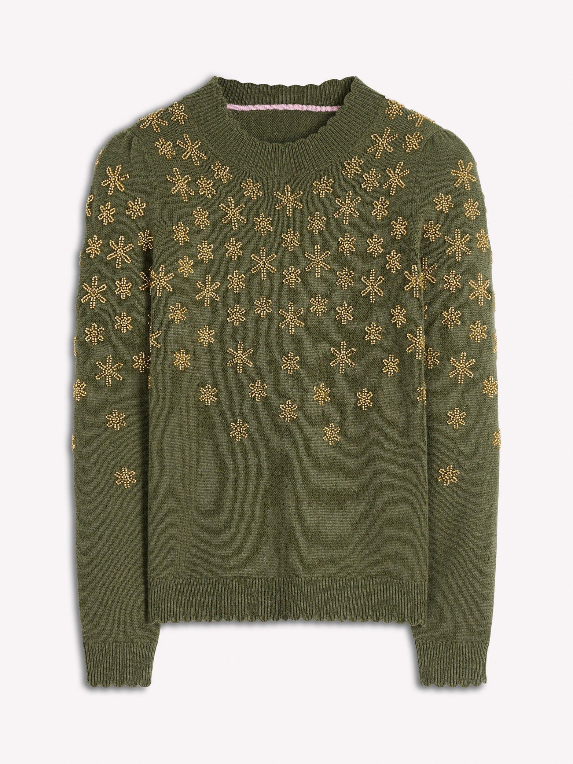 Product image 7 of 7, which shows Boden Elizabeth Embellished Bow Jumper, Kale Leaf, XS