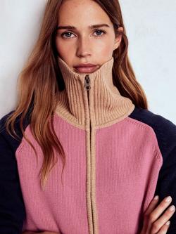 Boden Pure Cotton Half Zip Jumper, Pink Heather/Navy - view 2, Pink Heather/Navy