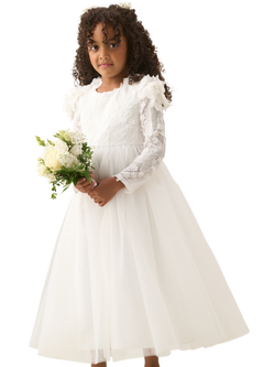 Angel & Rocket Kids' Embroidered Long Sleeved Dress, White, White