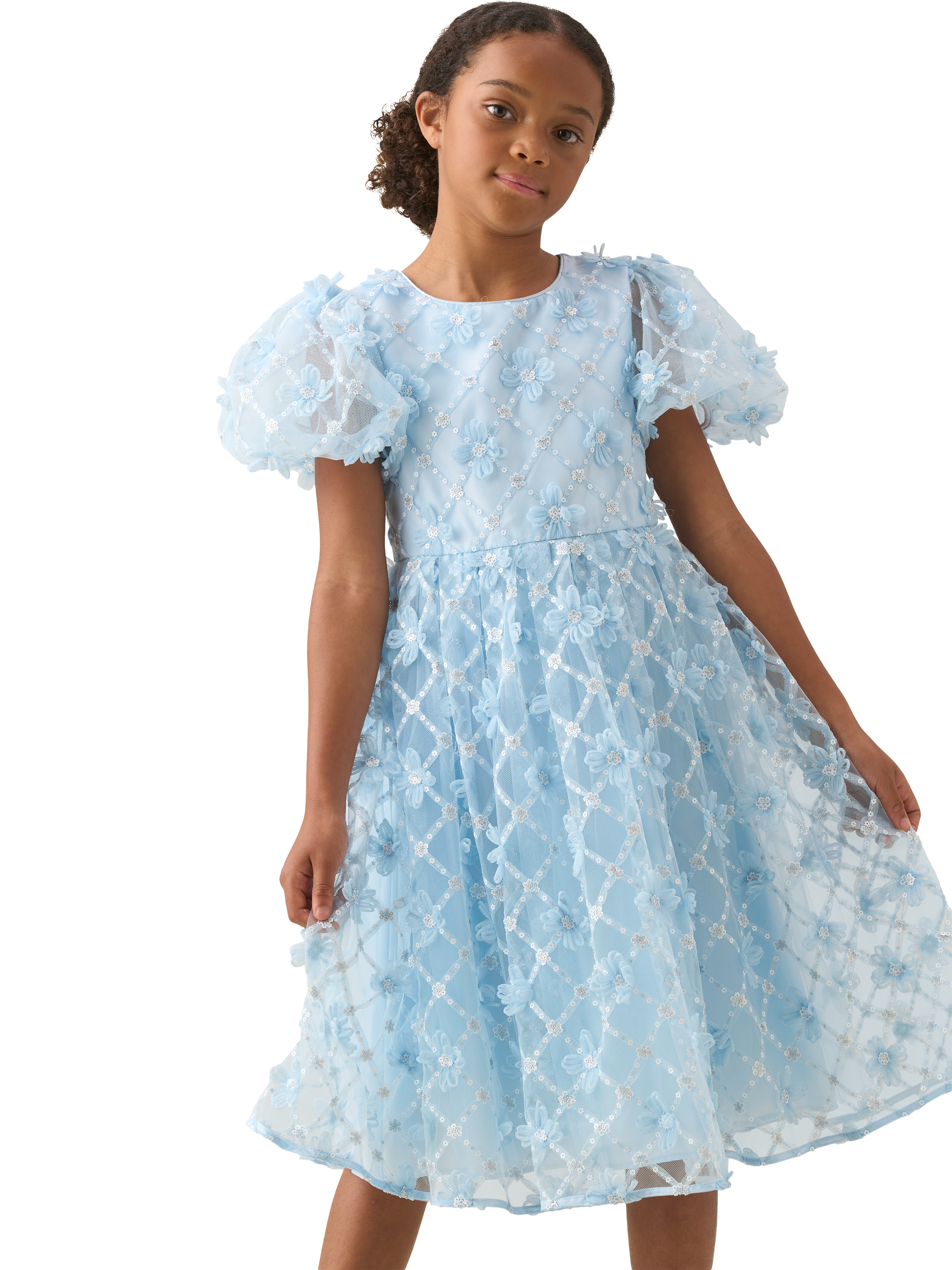 Angel & Rocket Kids' Francine Floral Mesh Puff Sleeve Dress, Blue