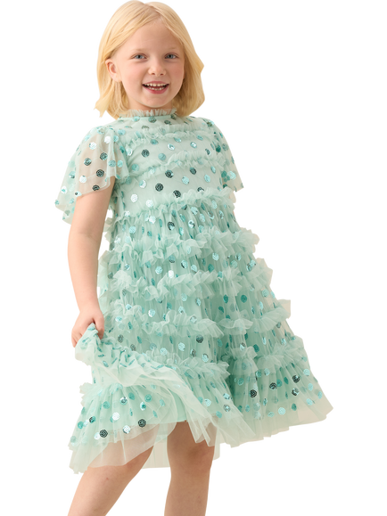 Angel & Rocket Kids' Bea Sequin Mesh Short Sleeved Frill Dress, Mint, Mint