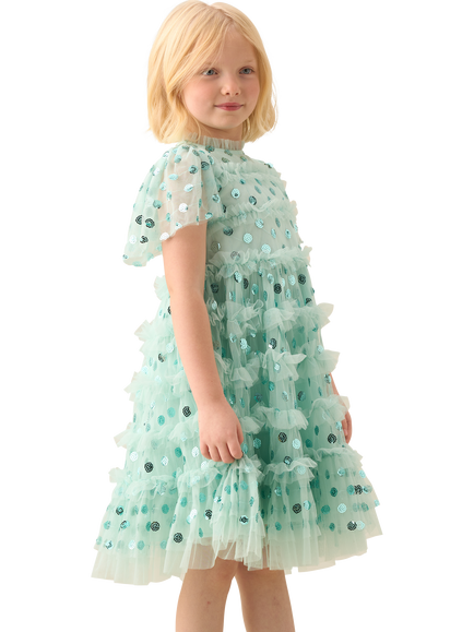 Angel & Rocket Kids' Bea Sequin Mesh Short Sleeved Frill Dress, Mint - view 2, Mint