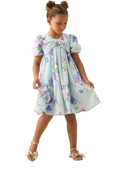 Angel & Rocket Kids' Puff Sleeved Floral Print Dress, Mint/Multi - view 2, Mint/Multi