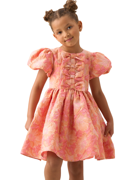 Angel & Rocket Kids' Bow Jacquard Puff Sleeve Dress, Pink, Pink