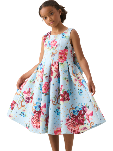 Angel & Rocket Kids' Floral Pleated Fitted Dress, Blue, Blue