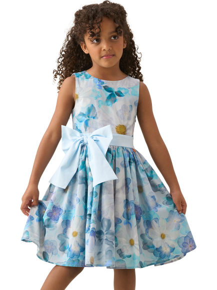 Angel & Rocket Kids' Print Bow Waist Dress, Blue/Multi, Blue/Multi