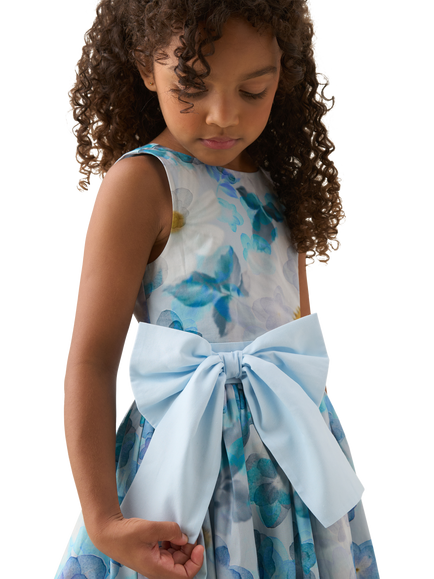 Angel & Rocket Kids' Print Bow Waist Dress, Blue/Multi - view 2, Blue/Multi