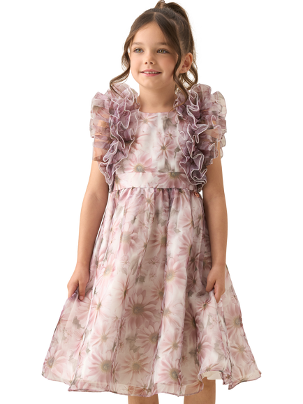 Angel & Rocket Kids' Flora Organza Frilled Sleeve Dress, Blush, Blush