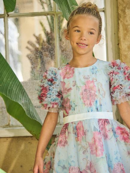 Angel & Rocket Kids' Floral Mesh Ruffle Sleeve Dress, Blue/Multi - view 2, Blue/Multi
