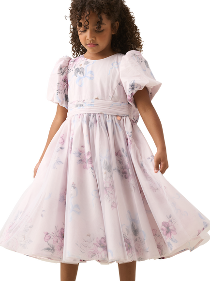 Angel & Rocket Kids' Tulle Overlay Floral Cotton Dress, Blush/Multi, Blush/Multi