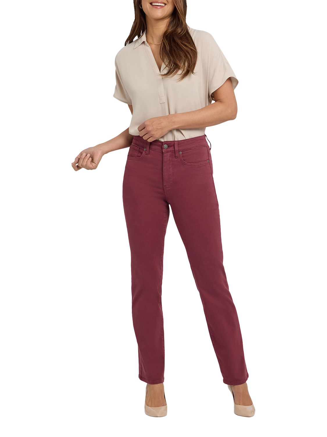 Product image 1 of 5, which shows NYDJ Marilyn Straight Jeans, True Burgundy, 18