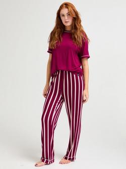 Pretty You London Bamboo Rich T-Shirt & Striped Trousers Pyjama Set, Bordeaux, Bordeaux
