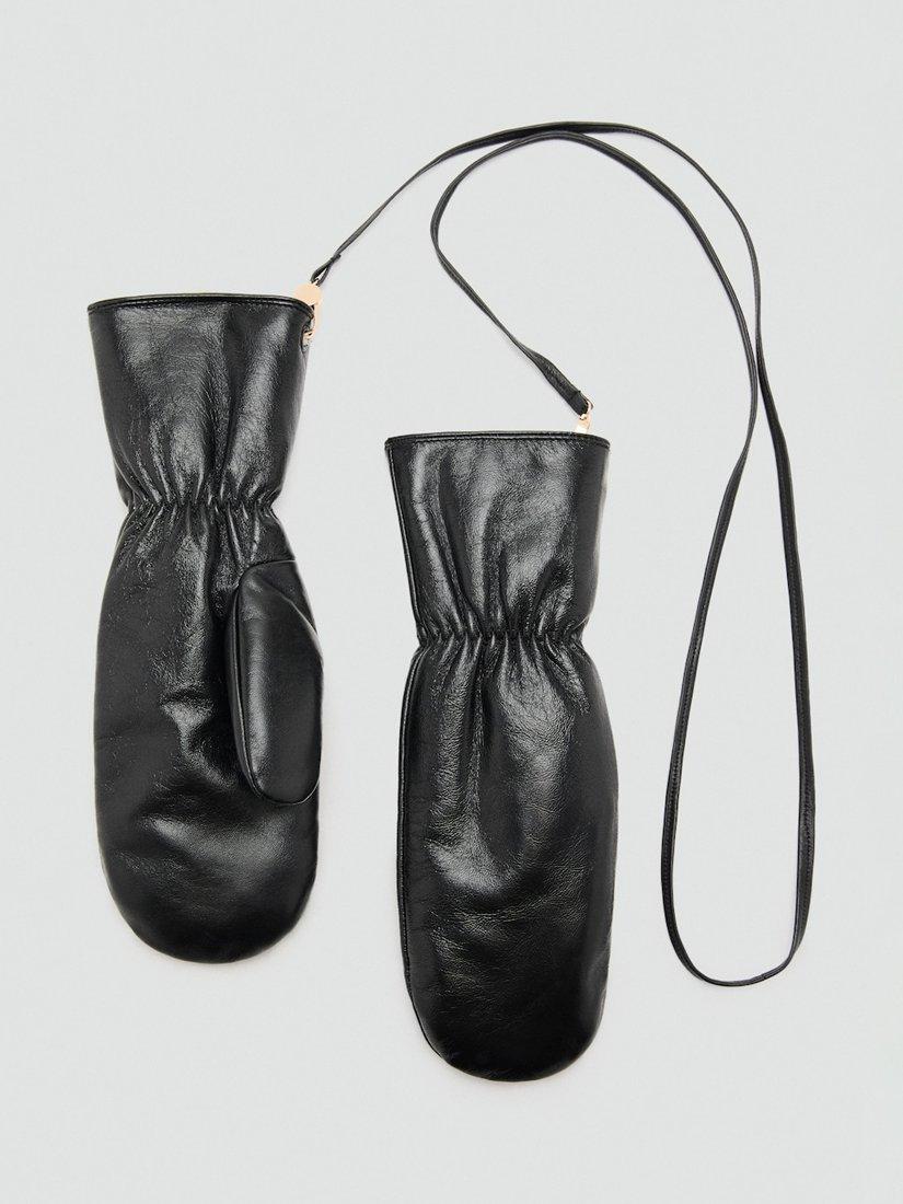 Product image 1 of 2, which shows Mango Cara Leather Mittens, Black, M