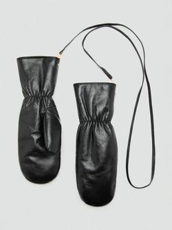 Mango Cara Leather Mittens, Black, Black