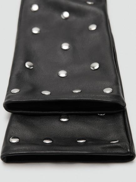 Mango Gildis Long Embellished Leather Gloves, Black - view 2, Black