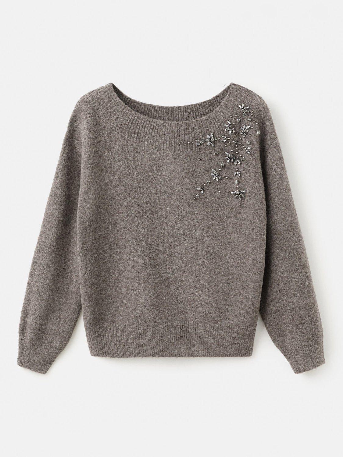 Product image 1 of 7, which shows Mango Garra Boat Neck Embellished Jumper, Brown, XL