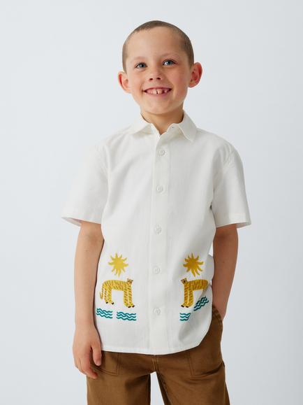 John Lewis Kids' Embroidered Leopards Short Sleeve Shirt, White, White