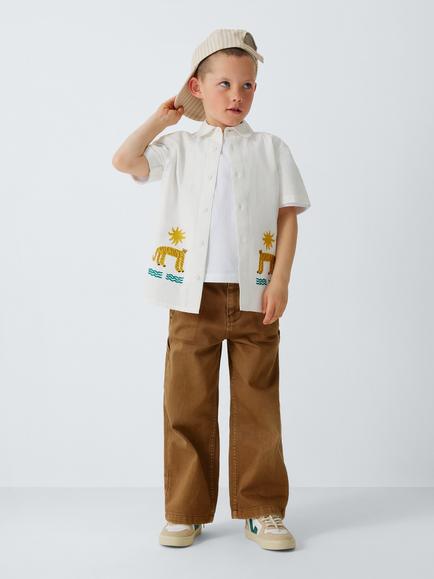 John Lewis Kids' Embroidered Leopards Short Sleeve Shirt, White - view 2, White