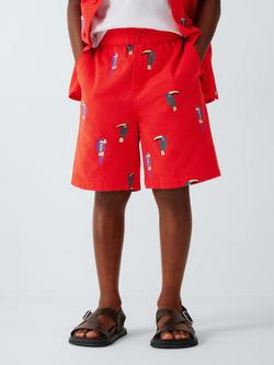 John Lewis Kids' Embroidered Parrots Shorts, Red, Red