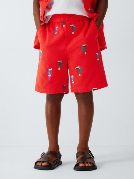 John Lewis Kids' Embroidered Parrots Shorts, Red, Red