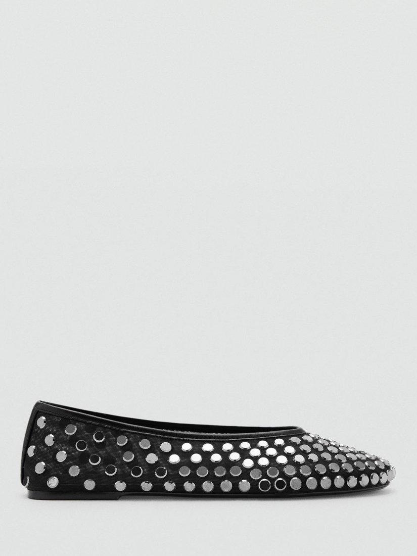 Product image 1 of 4, which shows Mango Savoir Mesh Studded Ballerina Pumps, Black, 2