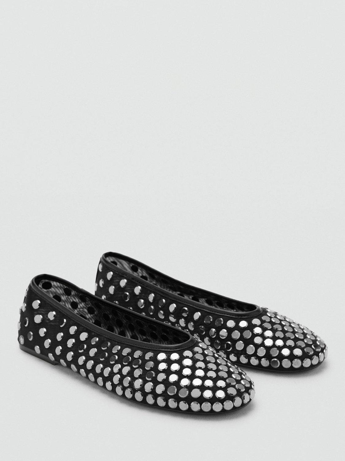 Product image 2 of 4, which shows Mango Savoir Mesh Studded Ballerina Pumps, Black, 2