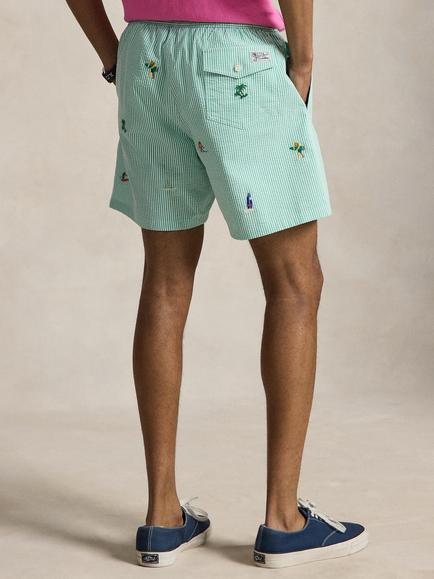 Ralph Lauren Stripe Embroidered Cotton Blend Swim Shorts, Key West Green - view 2, Key West Green