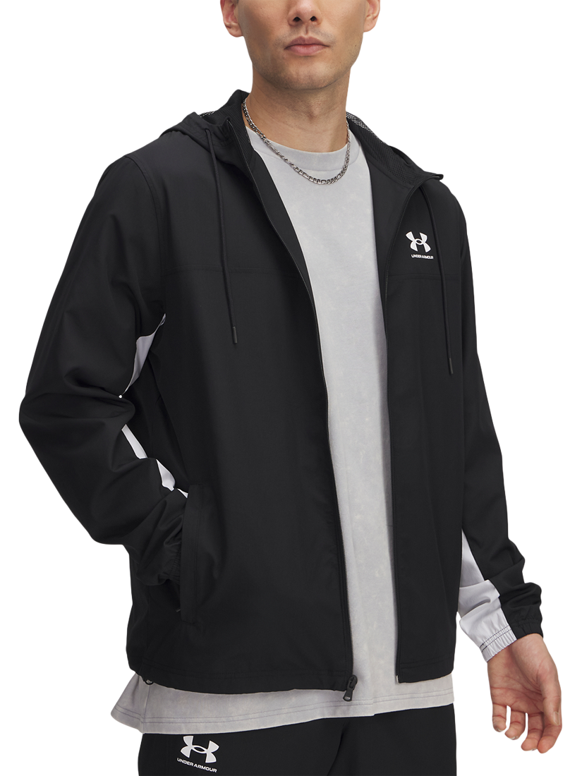 Product image 1 of 2, which shows Under Armour Men's Rival Woven Windbreaker, Black/Black/White, S