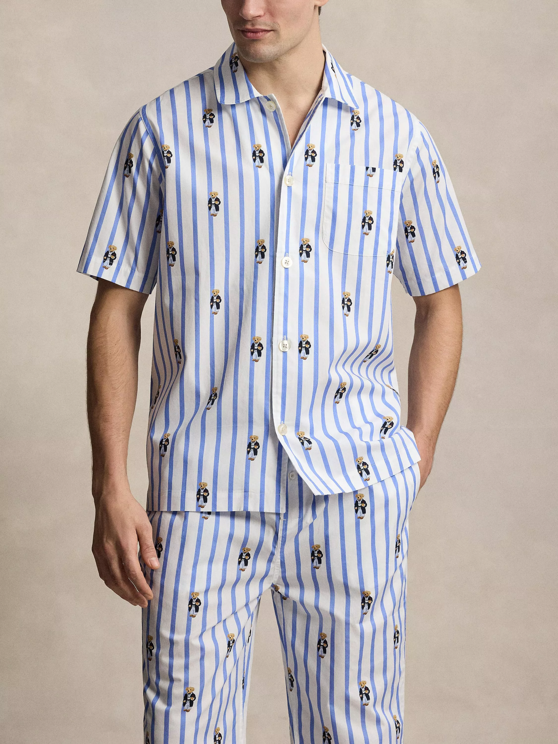 Ralph Lauren Bear Print Short Sleeve Pyjama Top, Blue