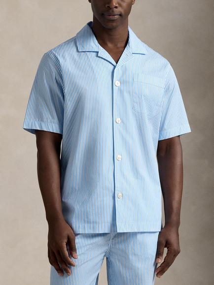 Ralph Lauren Cotton Stripe Short Sleeve Pyjama Shirt, Blue Sky, Blue Sky