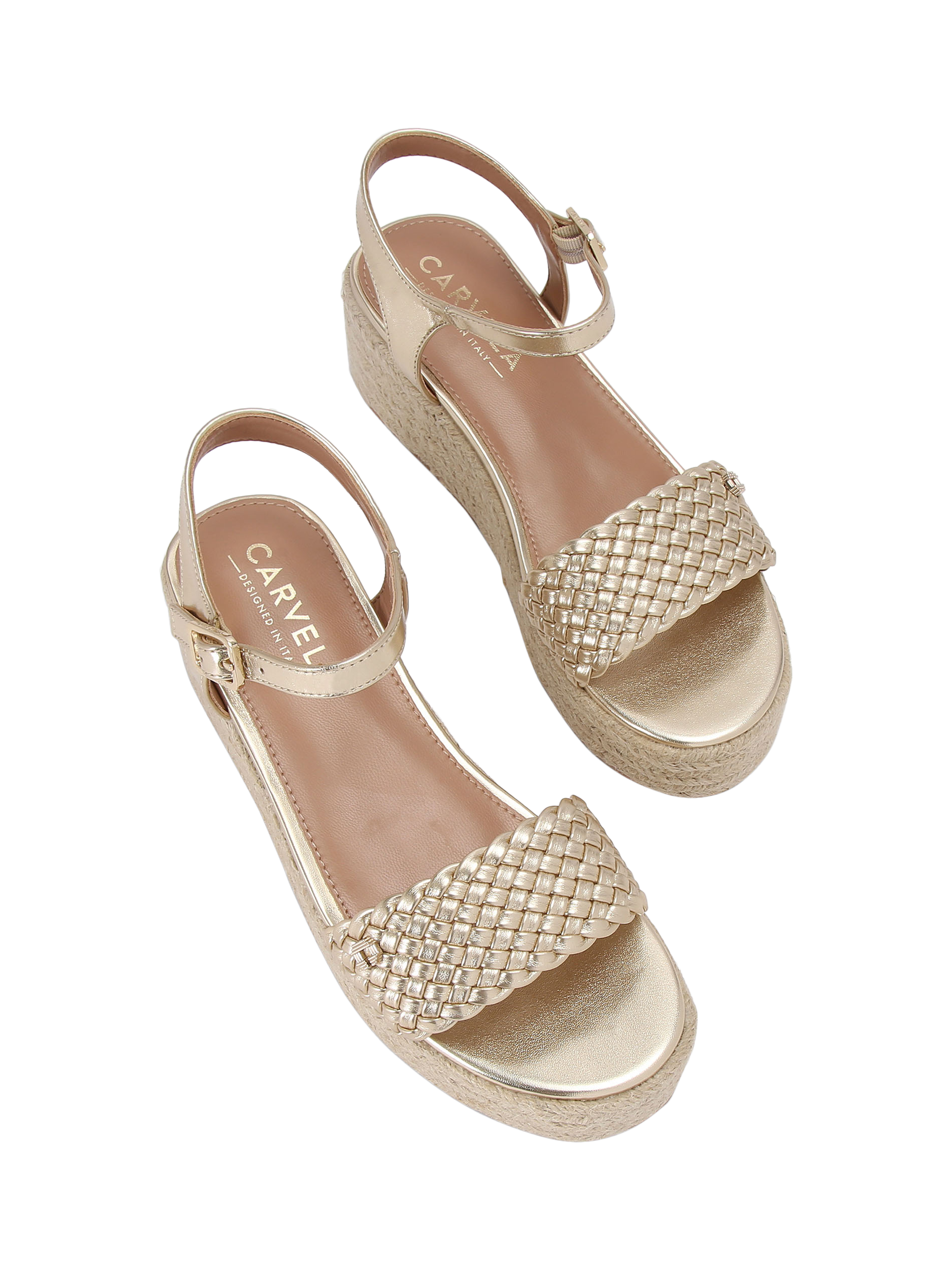 Product image 3 of 5, which shows Carvela Treccia Woven Toe Strap Flatform Sandals, Gold, 3