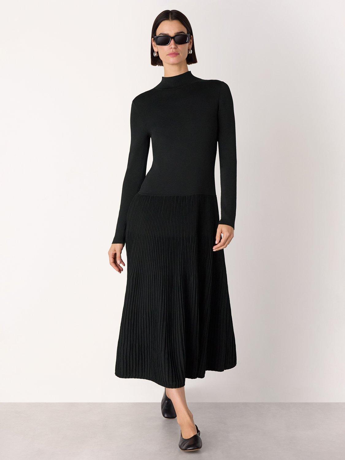 Product image 1 of 5, which shows Whistles Funnel Neck Pleated Midi Dress, Black, 6