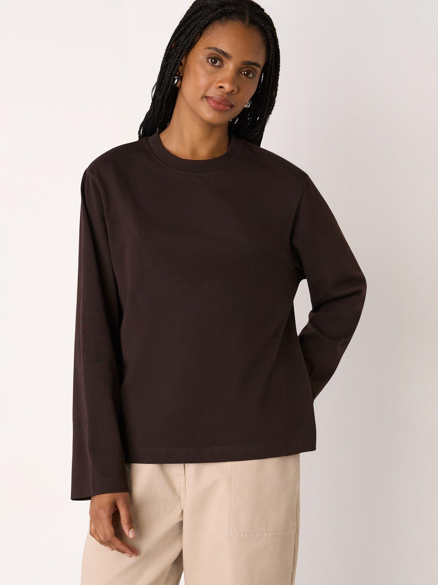Product image 1 of 5, which shows Whistles Long Sleeve Jersey Top, Brown, XS